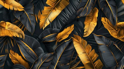Black gold leaves on dark background modern. Beautiful botanical design with exotic banana palms isolated. Wedding invitation card.