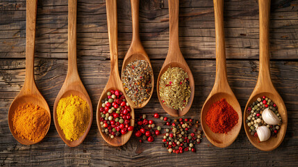 Top view on mixed dry colorful spices in wooden spoons