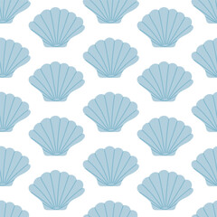 Seamless pattern with hand drawn blue seashell on white background. Template for print, fabric, greeting card and invitation. 