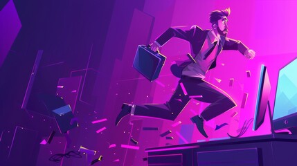A businessman in an office suit with his briefcase in hand runs and jumps over a desktop computer, in a purple neon color.