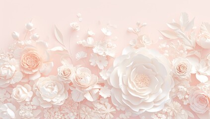 A pink background with various paper flowers in shades of light and dark pastel, creating an elegant floral display