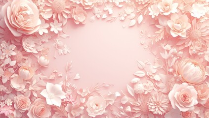 A pink background with delicate paper flowers in various shades of pastel, creating an elegant and romantic atmosphere