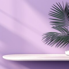 Fototapeta na wymiar Violet background with palm leaf shadow and white wooden table for product display, summer concept. Vector illustration