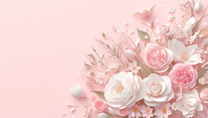 A pink background with various paper flowers in shades of light and dark pastel, creating an elegant floral display