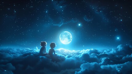 3D cartoon kids on a giant cloud watching the moon rise, dark blue starry background