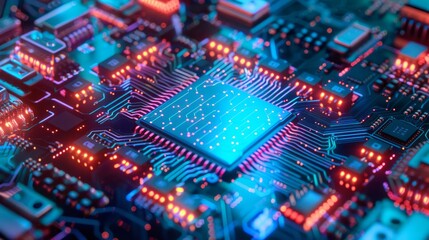 Obraz premium Close-up quantum computer processor in a high-tech lab glowing with vibrant blue light amid intricate wiring and metallic surfaces