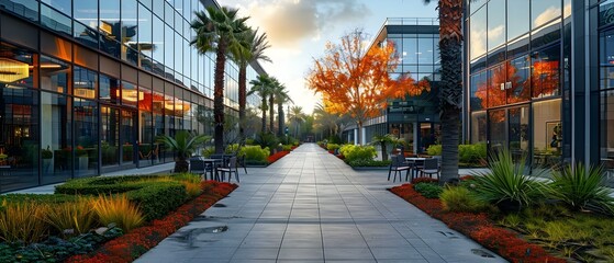 Urban Oasis: Serene Office Plaza Retreat. Concept Office Gardens, Calming Design, Urban Greenery, Tranquil Outdoor Space