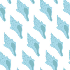 Seamless pattern with hand drawn blue seashell on white background. Template for print, fabric, greeting card and invitation. 