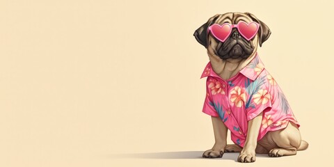A pug dog wearing pink heart-shaped sunglasses and a floral shirt sits on a solid color background in the style of copy space concept.  - obrazy, fototapety, plakaty