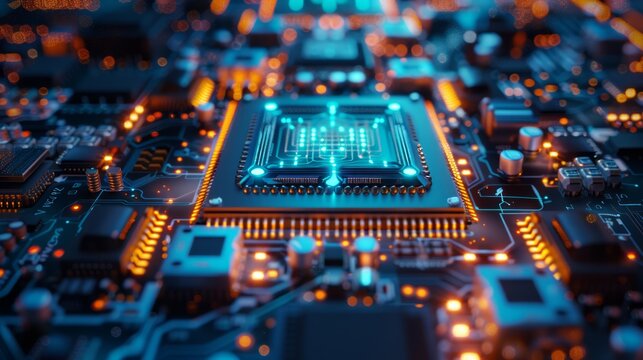 Close-up quantum computer processor in a high-tech lab glowing with vibrant blue light amid intricate wiring and metallic surfaces