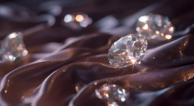 Sparkling diamonds on a blurred dark velvet, raw luxury,