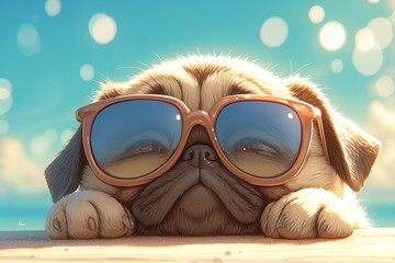 A pug dog wearing sunglasses lounging on the beach with a sunset in the background. 
