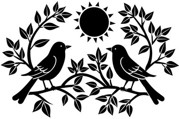 birds on branches, sunny day silhouette vector illustration