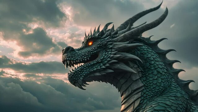 Video animation of mythical creature known as a dragon, emerging amidst a dramatic stormy sky. The scene is set against the backdrop of dark clouds and a fading sunset