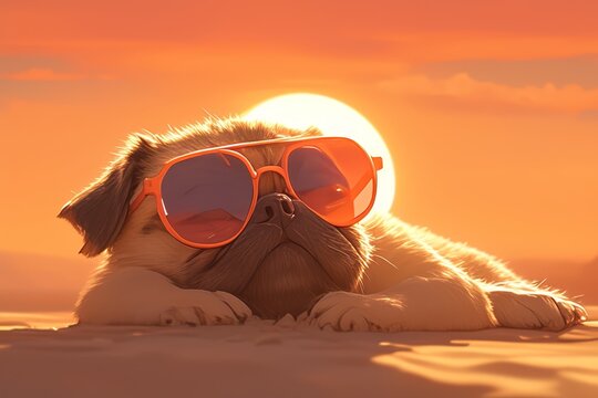 A pug dog wearing sunglasses lounging on the beach with a sunset in the background