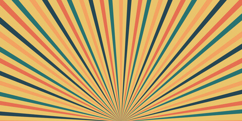 Retro background with curved beams or stripes from the 60s, 70s, 80s. Rotating spiral stripes. Colorful retro wave striped vintage sun flare. Vector illustration