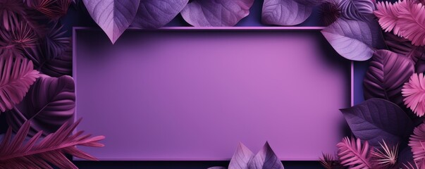 Violet frame background, tropical leaves and plants around the violet rectangle in the middle of the photo with space for text