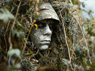 A soldier hides in a bush with his face covered in paint. Ready to carry out the mission.