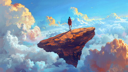 Traveler walks on a rock that floats in the sky 