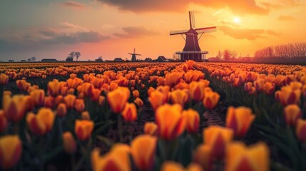 Majestic windmill overlooks the radiant orange and yellow tulip fields in Dutch countryside signaling the bursting spring bloom
