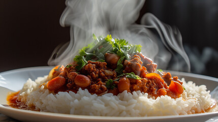 Steaming hot chili con carne with rice, served on a white plate.