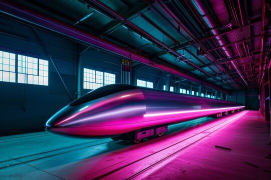 Gleaming Hyperloop transportation system prototype rests in stark modern testing facility under vivid neon illumination
