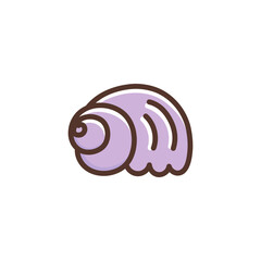 Сute purple sea shell. Marine conch, underwater mollusc in seashell. Nautical beach decoration. Colorful vector illustration. Design element or icon isolated on white background