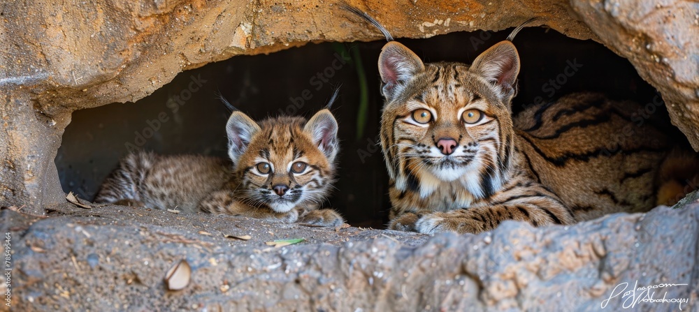 Poster captivating bobcat and kitten portrait with ample space on the left for informative text overlay