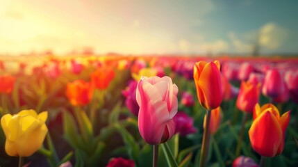 Vibrant tulip field with a rainbow of blooming hues under the clear Springtime Dutch sky offering ample space for text