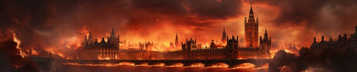 Fototapeta na wymiar Panoramic view of the Big Ben and the Houses of Parliament during a fire.