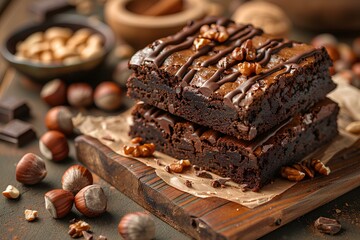 A couple of brownies sitting on top of a wooden cutting board next to nuts and nutshells - obrazy, fototapety, plakaty
