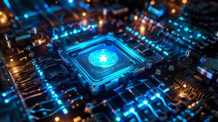 Close-up quantum computer processor in a high-tech lab glowing with vibrant blue light amid intricate wiring and metallic surfaces