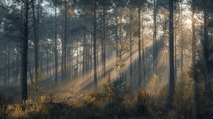 A forest with morning sunlight shining through the trees (Ray of Light)