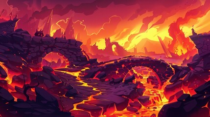 A game background with molten lava or liquid fire, flowing molten lava or liquid fire, and horned skulls in hell, depicted as a cartoon illustration. - obrazy, fototapety, plakaty