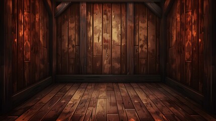 Walls and floors made of darkened wood, realistic plank texture. Empty room interior background with aged wood surfaces. - obrazy, fototapety, plakaty