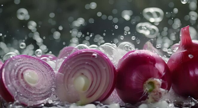 Red onions creating an artistic splash, bubbles capturing their layers