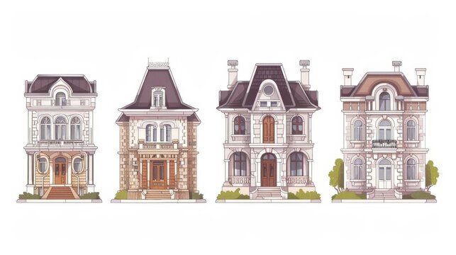 Retro colonial style building cartoon modern illustration. The background is white and depicts old stone residential and government buildings, as well as Victorian houses.