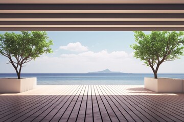 Wooden terrace with sea view. 3d rendering mock up