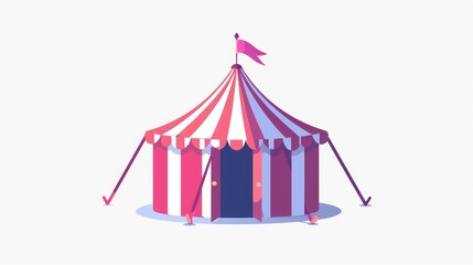 A circus tent with red and white stripes on a carnival funfair. Modern cartoon icon of a small marquee, a festival kiosk with a flag on top, and an open entrance isolated on white.