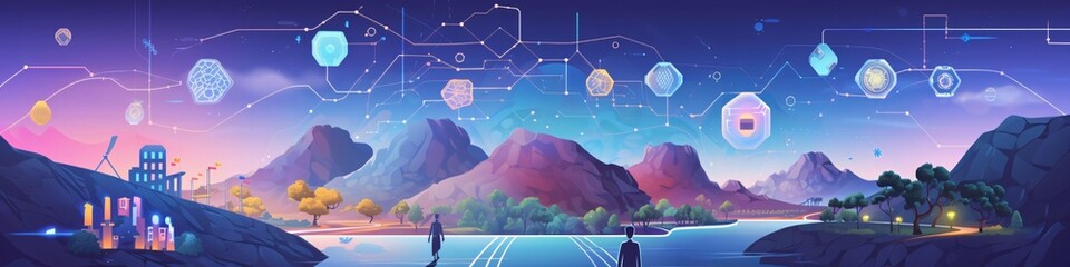 Futuristic landscape with mountains, lake and people. Vector illustration