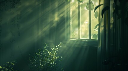Bedroom with sun rays coming through window,warm and cozy during the golden hour,Tyndall effect. - Powered by Adobe