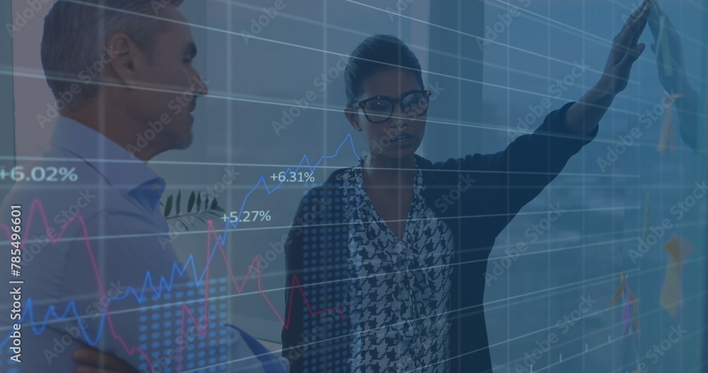 Poster image multiple graphs with changing numbers, diverse female explaining strategy to coworker
