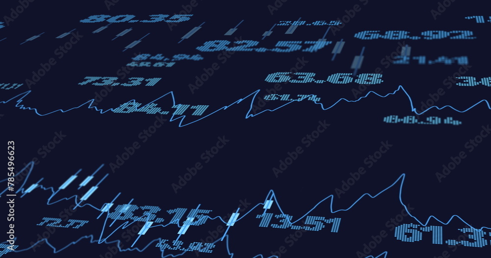 Poster image of graphs and changing numbers over black background