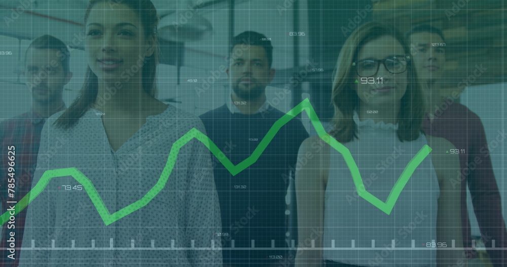 Poster image of graph with changing numbers over diverse coworkers walking in office