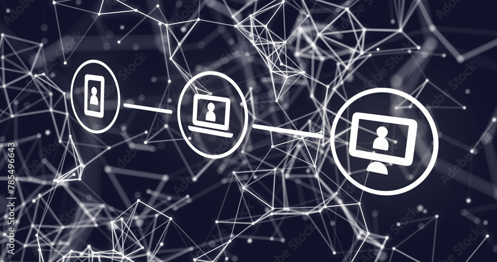 Poster image of flowchart of icons and connected dots over black background