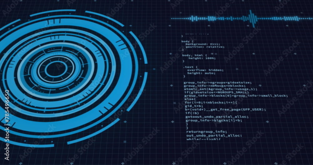Poster image of loading circles, soundwave and computer language over black background