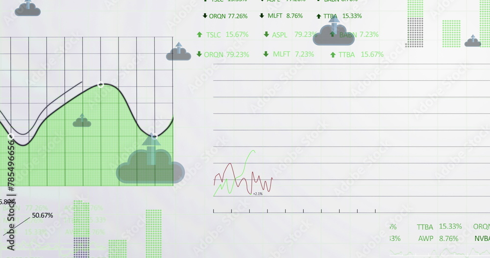 Poster image of arrow in clouds with multiple graphs and trading boards over white background