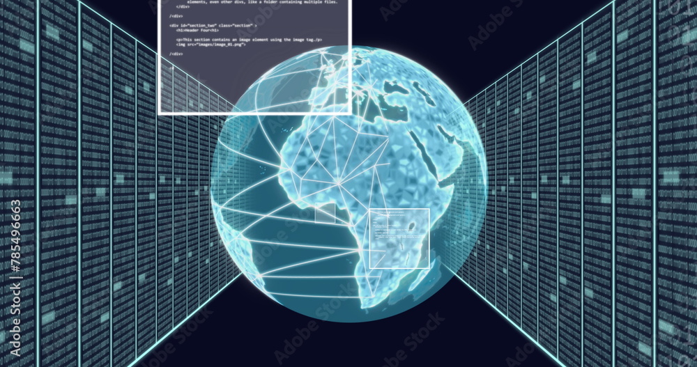 Poster image of binary codes, computer language, rotating globe and server racks over black background