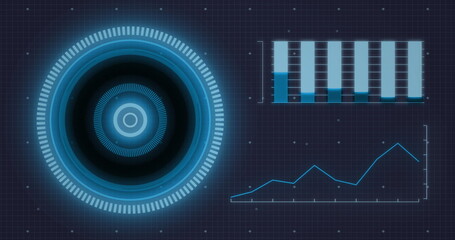 Image of arc reactor and graphs with dots over black background - Powered by Adobe
