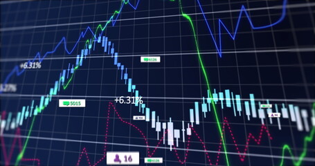 Image of social media icons and financial data processing against blue background